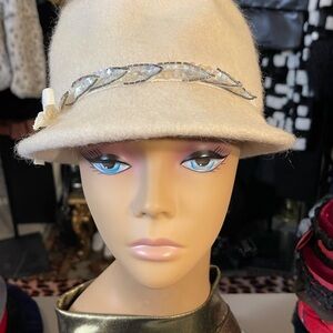 Vintage Cream Wool Blend Hat with Silver Sequin Leaf Details